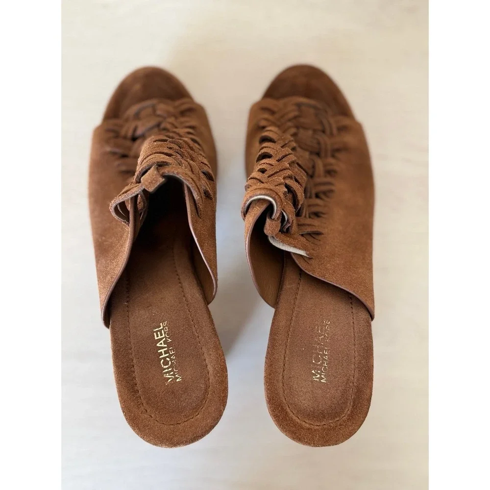 Michael Kors Brown Suede Woven Platform Mules Studded Block Heel 8M 38.5